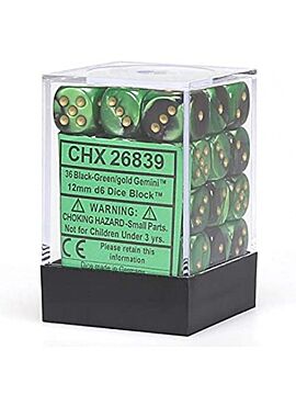 Gemini Black-Green w/gold D6 12mm DiceSet (36)